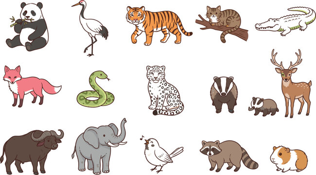 Cute cartoon Asian wildlife vector illustration set featuring flat colorful drawings of tiger, giant panda, elephant, leopard, fox, deer, raccoon, and exotic jungle animals