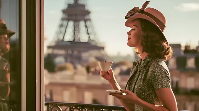 Paris, France, Europe. A vivid portrayal of a woman in a vintagestyle dress and hat, standing on a balcony overlooking the Eiffel Tower in Paris, France. She holds a white teacup and saucer.
