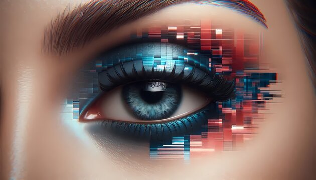 A glitchy glam look with a pixelated blue liner and a blurred red under-eye accent, Ai generated image