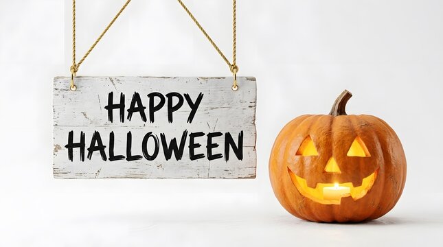 A rustic wooden sign with the text happy halloween hanging next to a glowing carved jack o lantern pumpkin decoration