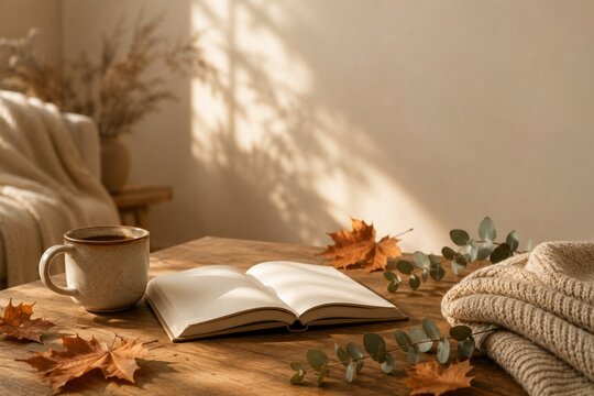 Cozy Autumn Coffee Table Scene with Copy Space