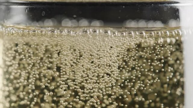 Close up of a soda fountain drink. Carbonated beverage bubbles rising in a glass of cold liquid.