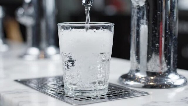 Soda fountain pouring sparkling water into glass. Refreshing carbonated drink in a modern cafe.