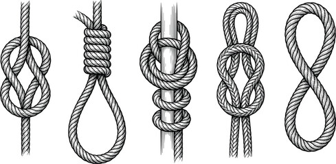 Collection of five vintage engraved rope knots and loops isolated on white background for nautical marine or outdoor climbing vector design © Prodip