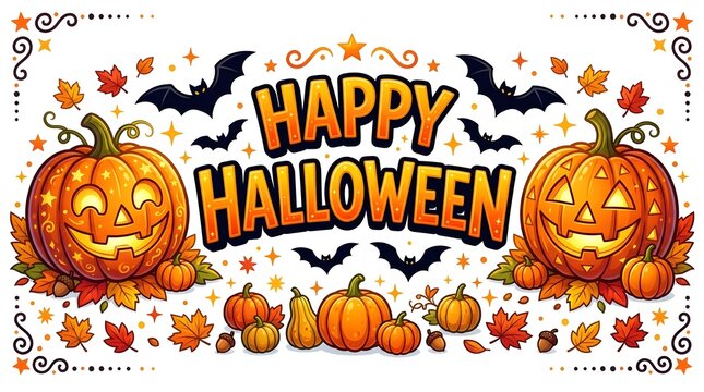 Festive happy halloween greeting card design featuring carved jack o lanterns bats and autumn leaves on a white background banner