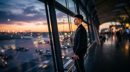 Fototapeta premium Young male traveler standing in an airport terminal showcasing scenic sunset view, modern glass window and boarding passport in hand, representing international travel and global mobility