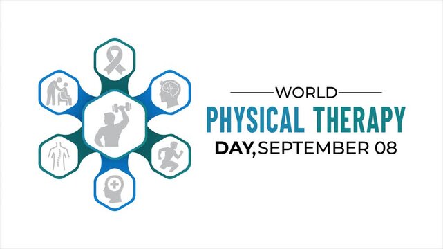 Healthcare hexagon animation highlighting physical therapy services with clean medical motion graphics. World Physical Therapy Day awareness video.