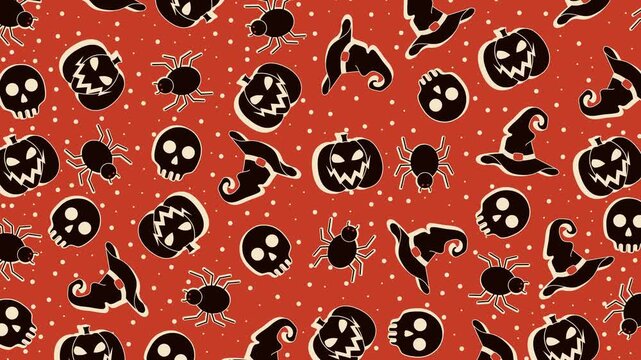 Seamless 4K looping animation with vintage-style pumpkins, witch hats, skulls, and spiders on a warm red polka dot background. Ideal for Halloween promos, digital displays, and festive backdrops.
