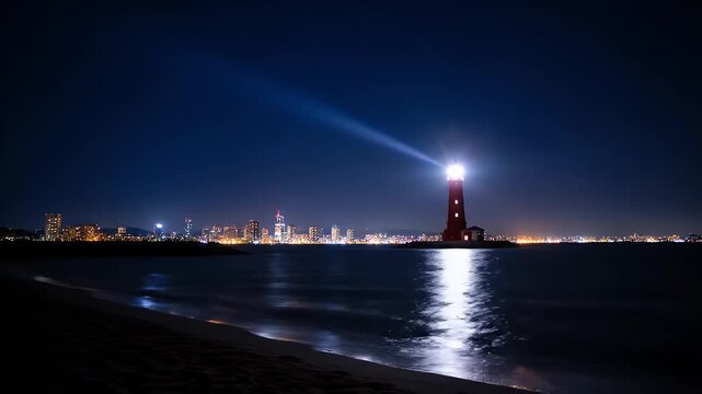 Lighthouse beacon shining over a calm dark ocean with a distant glowing city skyline
