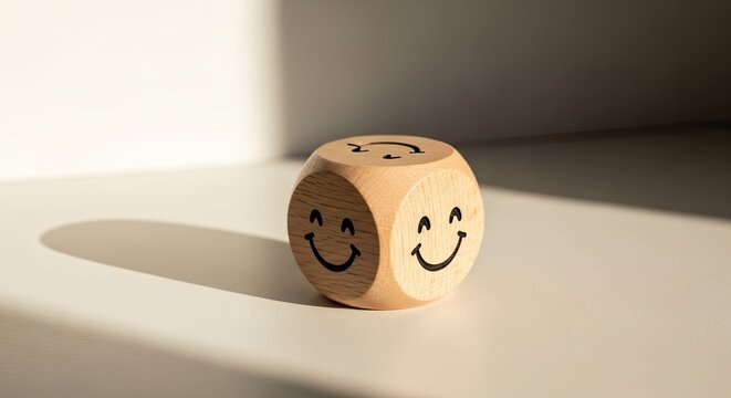 Wooden dice with happy smiley face emoji on table.