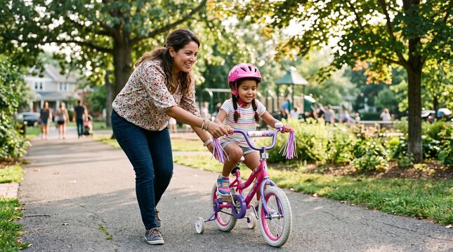 Mother teaching daughter to ride bicycle in park with training wheels
