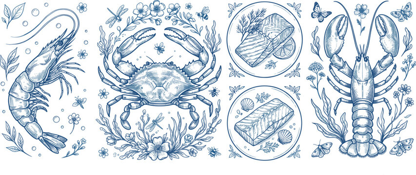 Detailed blue ink sketch seafood vector collection featuring hand drawn illustrations of shrimp, crab, salmon fillets, and lobster with intricate marine floral borders