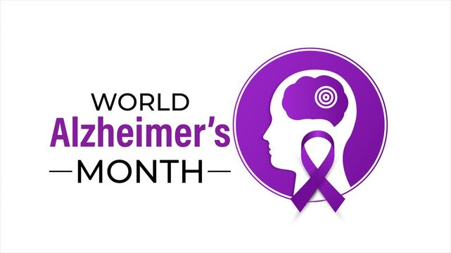 Creative profile head animation with awareness ribbon promoting Alzheimer's education and support. Healthcare animation emphasizing memory care and cognitive wellness.