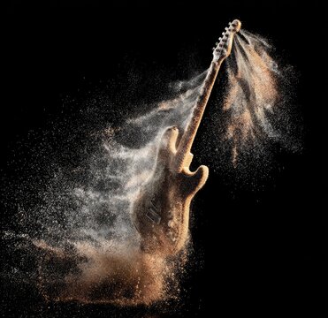 Electric guitar silhouette surrounded by a swirling cloud of sandy powder against a black background