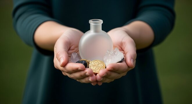 Woman holding healing crystals, potion bottle, and golden talisman in hands