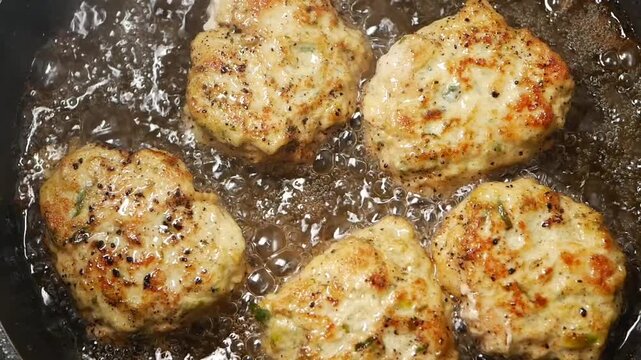 Cooking delicious meat patties in frying pan