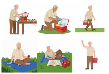 Fototapeta premium Set of flat vector illustrations featuring a senior man enjoying outdoor picnic activities with a cooler box and drinks.