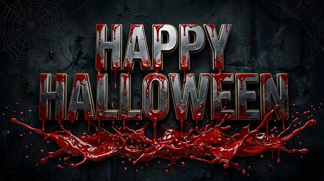 A dark and spooky happy halloween greeting card design featuring metallic text covered in dripping blood on a black background