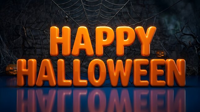 A festive 3d render of orange glossy happy halloween text isolated on a dark background for seasonal holiday greeting cards