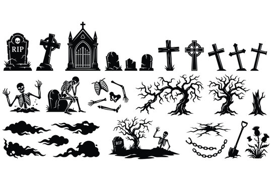 Massive Spooky Halloween Graveyard Silhouette Bundle With Skeletons Tombstones Dead Trees Crosses And Creepy Elements Vector Illustration