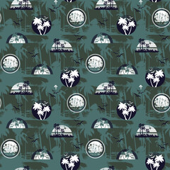 Tropical beach vacation icons set in circular frames on dark green background minimalist design © Wolfworker