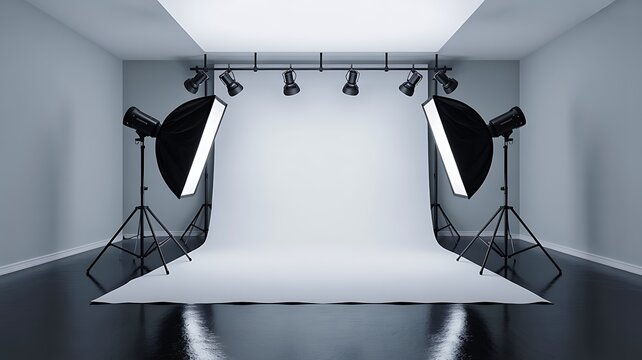 Professional photography studio with lighting equipment and white backdrop