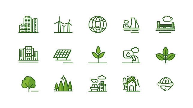 Icons representing sustainable development and green technology solutions are arranged in a grid for environmental conservation reports and corporate social responsibility presentations.