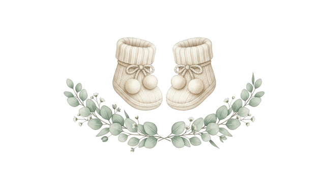 Watercolor illustration of baby booties with eucalyptus branches isolated on transparent background