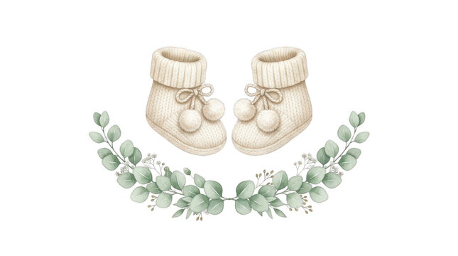 Cute knitted baby booties with eucalyptus leaves isolated on transparent background