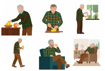 Senior man preparing and drinking fresh lemon water set of illustrations, elderly male character making healthy homemade beverage, retirement lifestyle vector