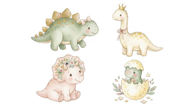 Cute watercolor baby dinosaurs set isolated on transparent background