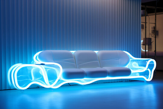 A neon blue couch is lit up in a room. The couch is white and has a modern design. The blue light gives the couch a futuristic and cool vibe