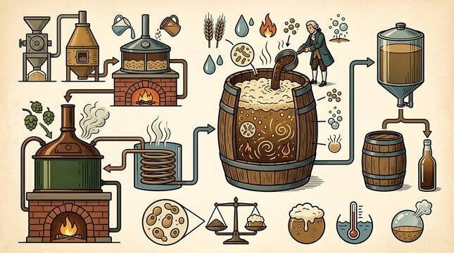 Vintage infographic of the traditional beer brewing process