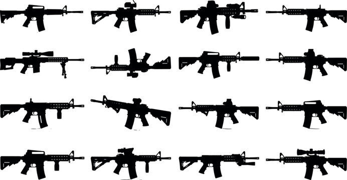 Collection of sixteen tactical assault rifle silhouettes isolated on white background for military shooter game and gun store graphic vector template
