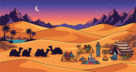Naklejka premium Serene Desert Oasis Scene Featuring Nomadic Campers Resting with Camels Beneath a Starlit Twilight Sky