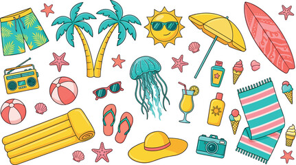 Collection of summer beach vacation elements with surfboard palm trees jellyfish sunglasses towel and tropical cocktail flat vector design © Prodip