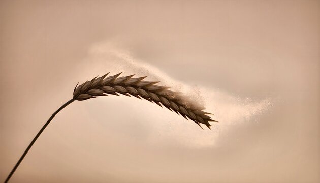 Single ear of wheat with flour particles blowing away in wind