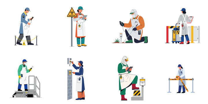 Professional team in protective suits conducting radiation safety monitoring, equipment checks, and hazardous material management at a nuclear industrial facility.