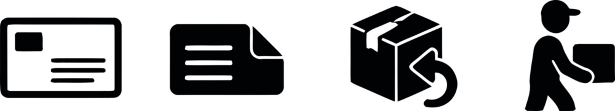 Set of black logistics and shipping icons representing documents parcel return and delivery services on white background