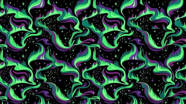 Seamless pattern of stylized green and purple aurora borealis