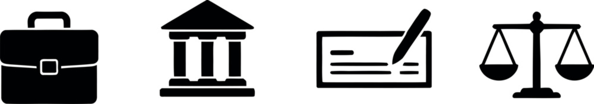 Set of black business and legal icons featuring a briefcase bank building check and scales of justice