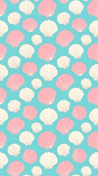 Seamless seashell pattern with pink and cream scallops on turquoise