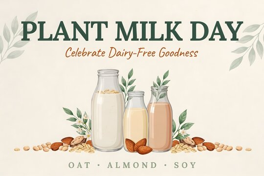 Plant milk day celebration with oat almond and soy dairy free drinks, non dairy