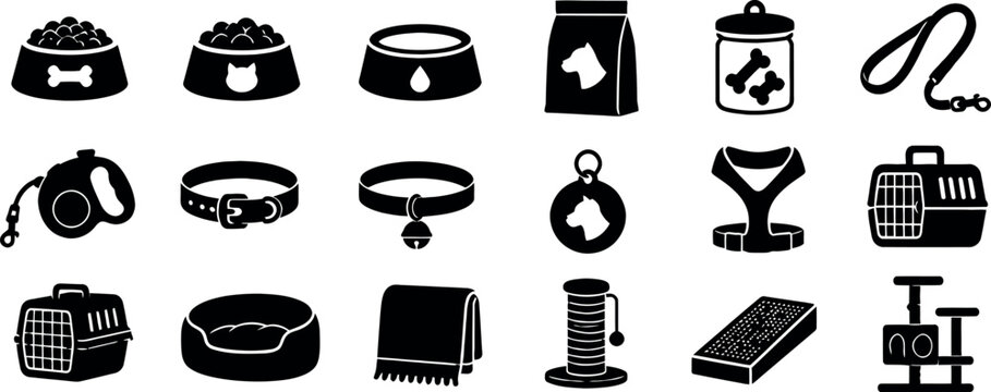 Set of black and white pet care icons representing various accessories for dogs and cats