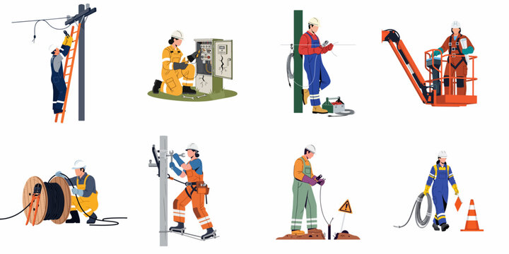 Professional electricians and linemen performing maintenance, repair, and installation tasks on power lines and electrical infrastructure in various flat illustration styles.