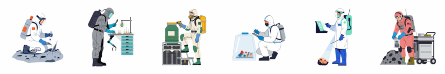 Collection of scientists and astronauts in protective suits performing research, experiments, and sample collection in a laboratory and on extraterrestrial surfaces. © Mairiko