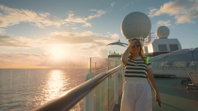 Smiling woman in striped shirt stands at railing on cruise liner deck watching golden sunset over Caribbean Sea. Wind blows through her hair as satellite domes tower behind her.