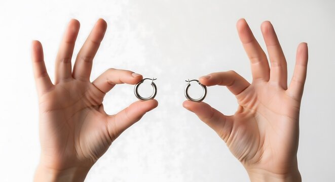 Female hands holding pair of silver hoop earrings against white background