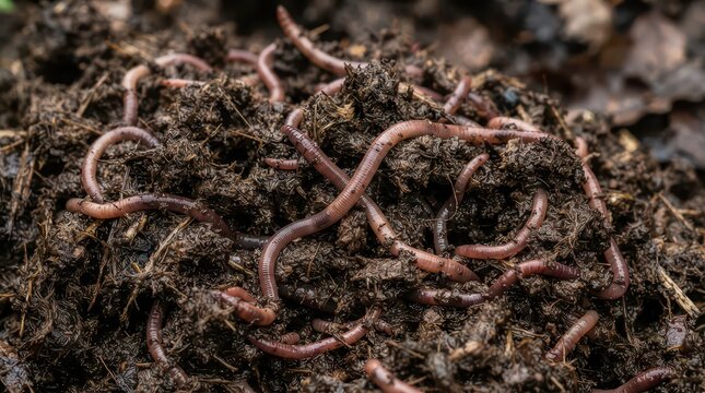 Close-up of many earthworms in rich, dark soil, indicating healthy organic matter.