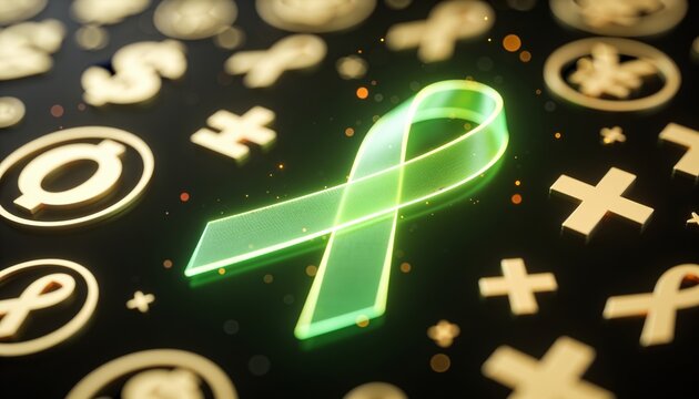 glowing green ribbon mental health campaign with supportive symbols